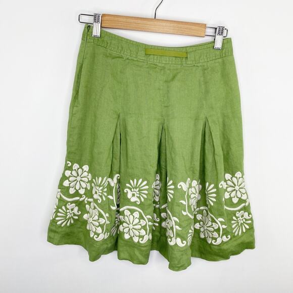 Ann Taylor Green White Floral Embroidered Linen Skirt Women's Size 0 Petite 0P - Picture 2 of 9